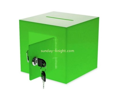 Custom plexiglass cube donation box perspex voting box with rear open door and cam lock DBK-1291