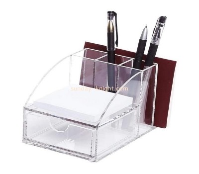 Custom acrylic desktop office supplies organizer with post it note pad holder, mail storage and 3 pencil slots, office tool storage case DBK-1304
