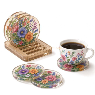 Custom acrylic coffee cup coaster set with holder HCK-309